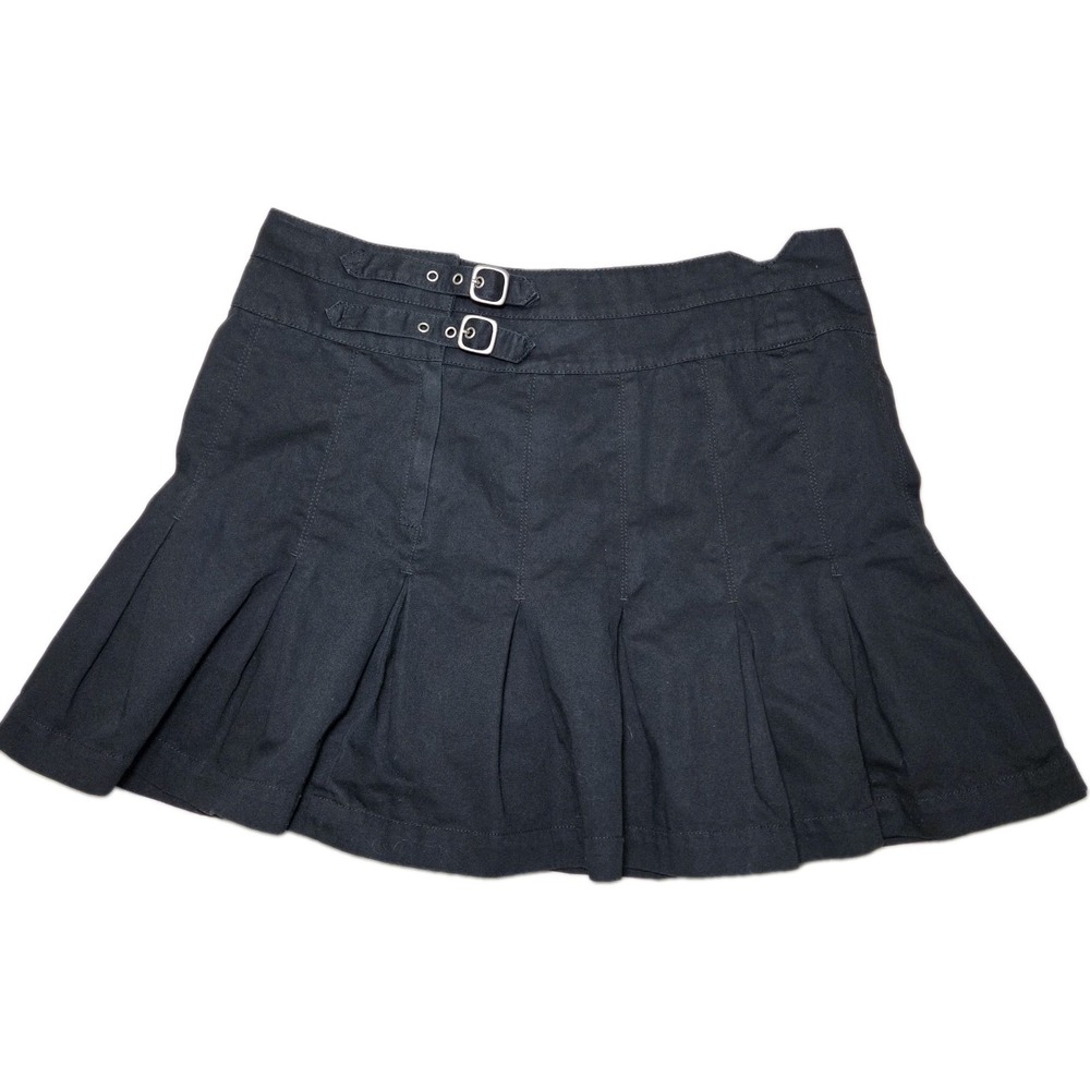 Black Pleated Buckle Mini Skirt Size 12 Y2K Grunge Goth Schoolgirl Cotton Emo
